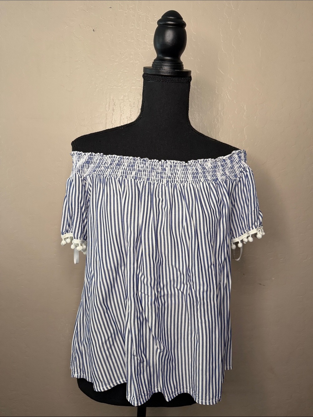 Off-Shoulder Blue & White Striped Women's Top - Picture 3 of 5